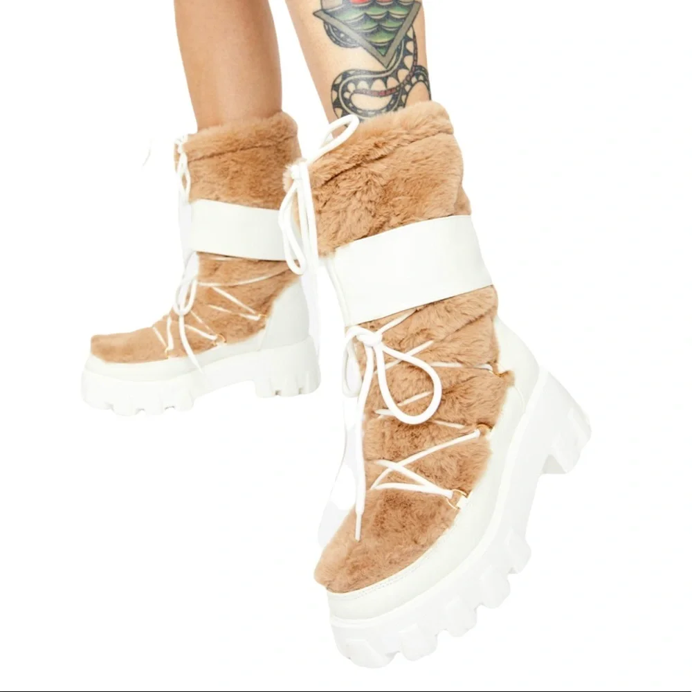 Tan & Winter White Vegan Leather & Fur Boots